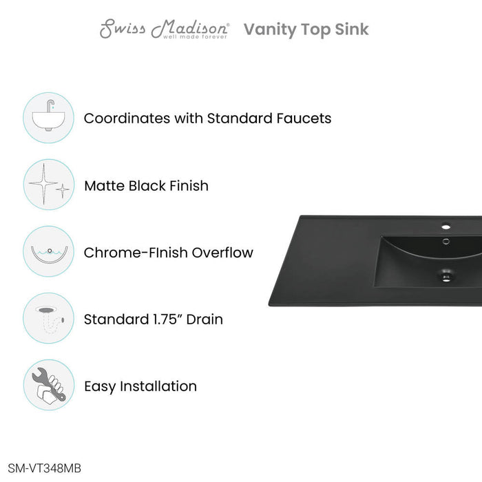 Swiss Madison 48" Ceramic Vanity Top with Single Faucet Hole in Matte Black