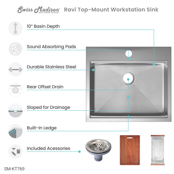 Swiss Madison Ravi Single Basin 25 x 22 Topmount Kitchen Workstation Sink