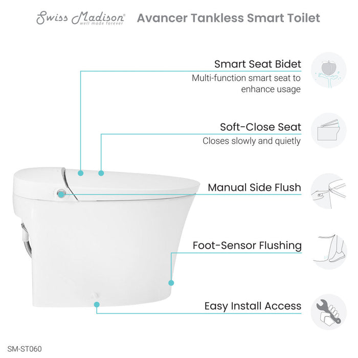 Swiss Madison Avancer Smart Tankless Elongated Toilet and Bidet, Touchless Vortex Dual-Flush 1.1/1.6 gpf