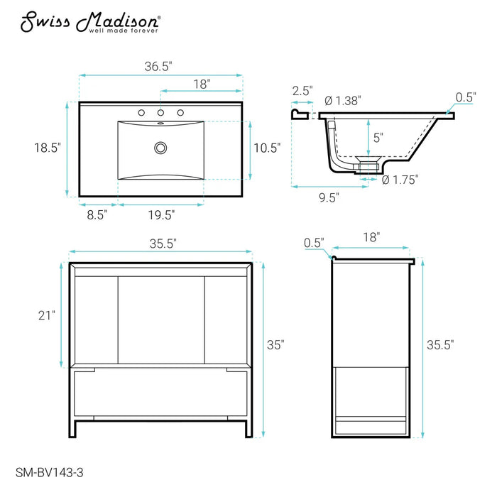 Swiss Madison Marseille 36 in. Gray Bathroom Vanity With White, 3-Hole Ceramic Sink Top - SM-BV143-3