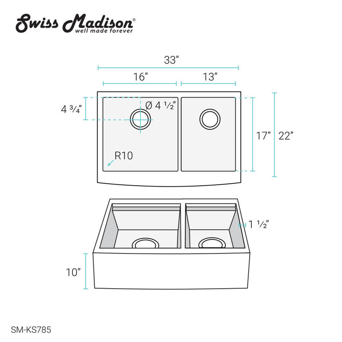 Swiss Madison Rivage 33 x 22 Dual Basin Apron Kitchen Workstation Sink
