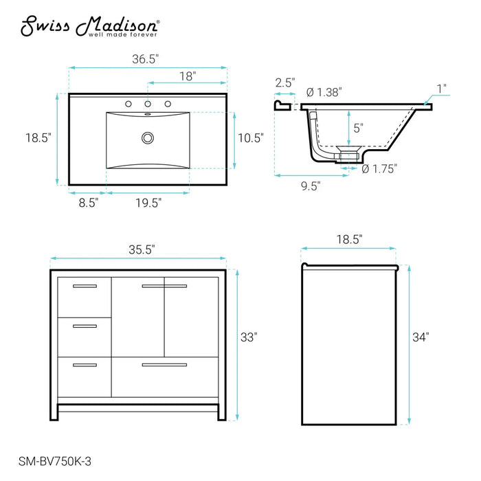 Swiss Madison Virage 36 in. Brown Oak Bathroom Vanity With White, 3-Hole Ceramic Sink Top - SM-BV750K-3