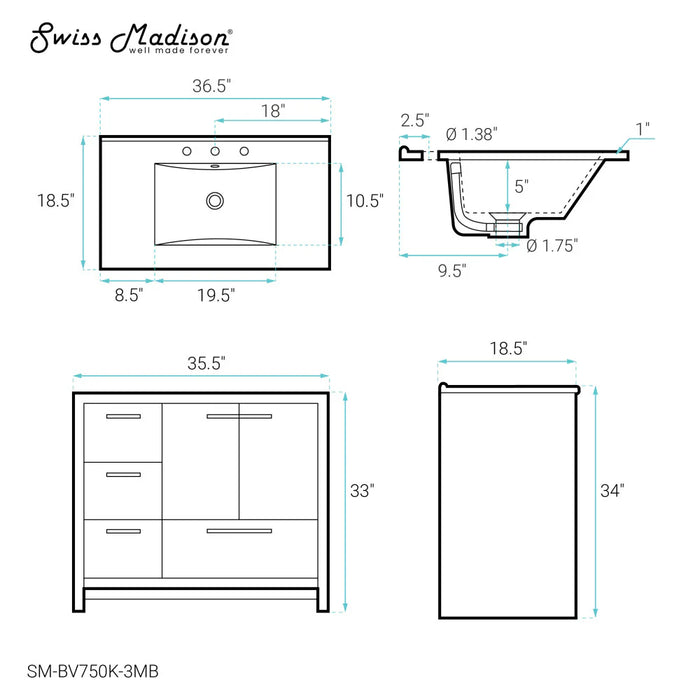 Swiss Madison Virage 36 in. Brown Oak Bathroom Vanity With Black, 3-Hole Ceramic Sink Top - SM-BV750K-3MB