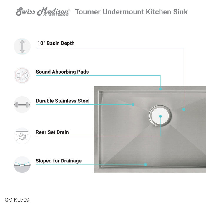 Swiss Madison Tourner 27 x 19 Stainless Steel, Single Basin, Undermount Kitchen Sink