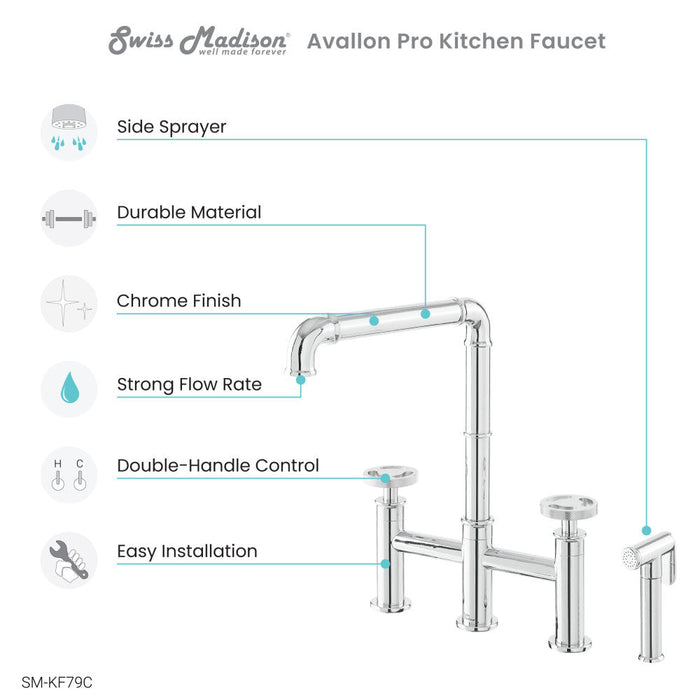 Swiss Madison Avallon Pro Widespread Kitchen Faucet with Side Sprayer in Chrome
