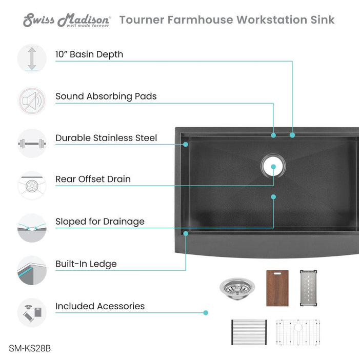 Swiss Madison Tourner 33 x 22 Stainless Steel, Single Basin, Farmhouse Kitchen Workstation Sink with Apron in Black