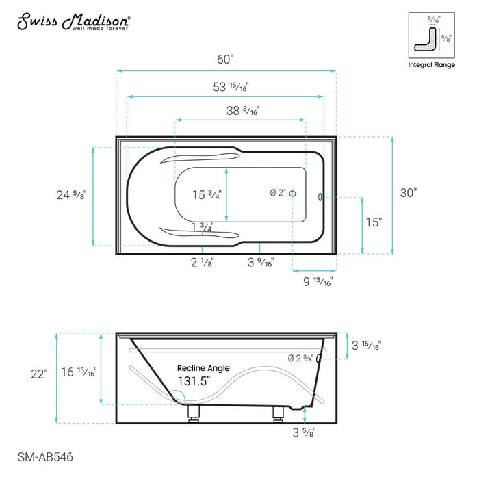 Swiss Madison Ivy 60" x 30" Right-Hand Drain Alcove Bathtub with Apron - SM-AB546