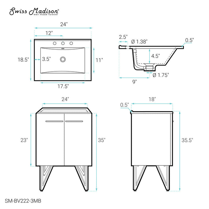 Swiss Madison Annecy 24 in. Black Walnut Bathroom Vanity With Black, 3-Hole Ceramic Sink Top - SM-BV222-3MB