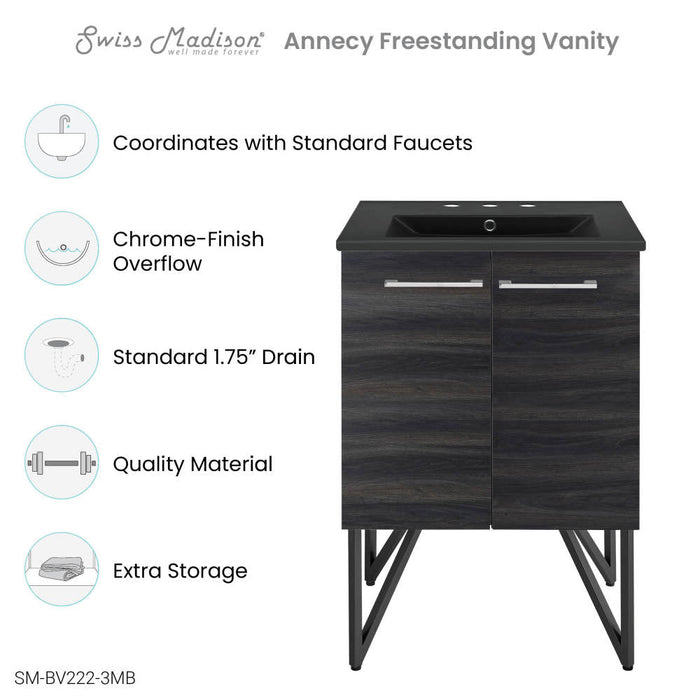 Swiss Madison Annecy 24 in. Black Walnut Bathroom Vanity With Black, 3-Hole Ceramic Sink Top - SM-BV222-3MB