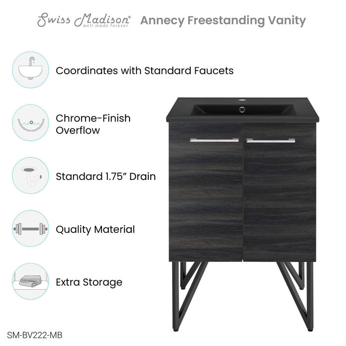 Swiss Madison Annecy 24 in. Black Walnut Bathroom Vanity With Black Ceramic Sink Top - SM-BV222MB