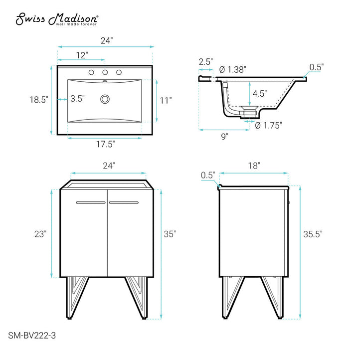 Swiss Madison Annecy 24 in. Black Walnut Bathroom Vanity With White, 3-Hole Ceramic Sink Top - SM-BV222-3