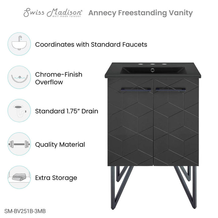 Swiss Madison Annecy 24 in. Phantom Black Bathroom Vanity With Black, 3-Hole Ceramic Sink Top - SM-BV251B-3MB