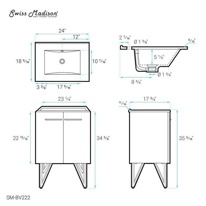 Swiss Madison Annecy 24 Single, Black Walnut, Two Doors, Bathroom Vanity - SM-BV222