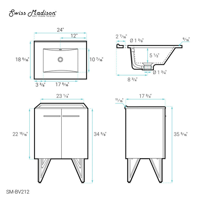 Swiss Madison Annecy 24 Single, Glossy White, Two Doors, Bathroom Vanity - SM-BV212