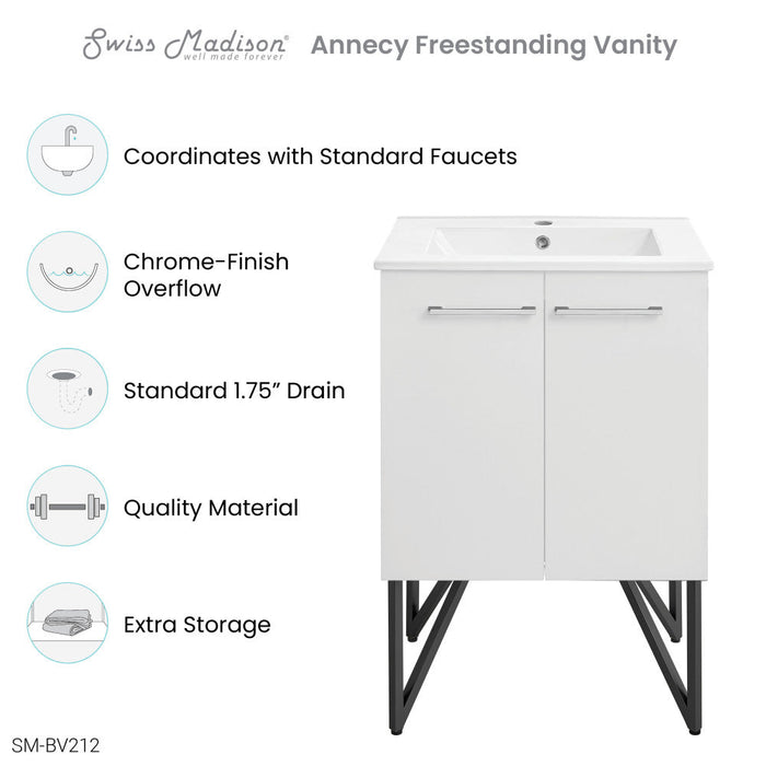 Swiss Madison Annecy 24 Single, Glossy White, Two Doors, Bathroom Vanity - SM-BV212