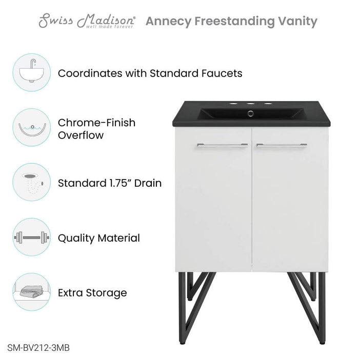 Swiss Madison Annecy 24 in. White Bathroom Vanity With Black, 3-Hole Ceramic Sink Top - SM-BV212-3MB