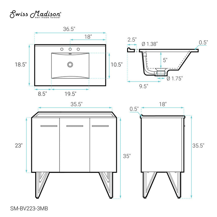 Swiss Madison Annecy 36 in. Black Walnut Bathroom Vanity With Black, 3-Hole Ceramic Sink Top - SM-BV223-3MB