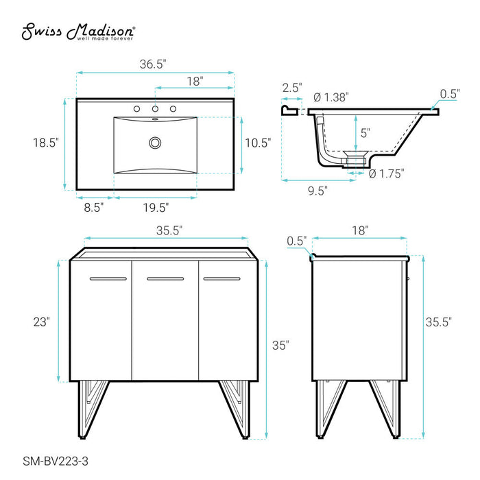 Swiss Madison Annecy 36 in. Black Walnut Bathroom Vanity With White, 3-Hole Ceramic Sink Top - SM-BV223-3