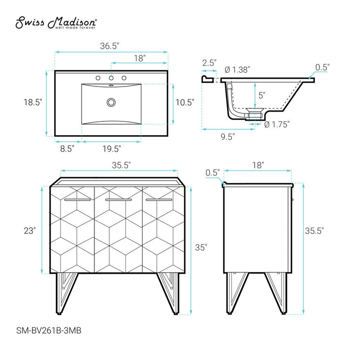 Swiss Madison Annecy 36 in. Phantom Black Bathroom Vanity With Black, 3-Hole Ceramic Sink Top - SM-BV261B-3MB