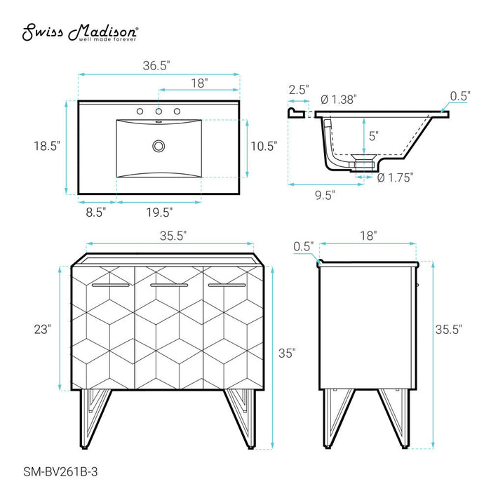 Swiss Madison Annecy 36 in. Phantom Black Bathroom Vanity With White, 3-Hole Ceramic Sink Top - SM-BV261B-3