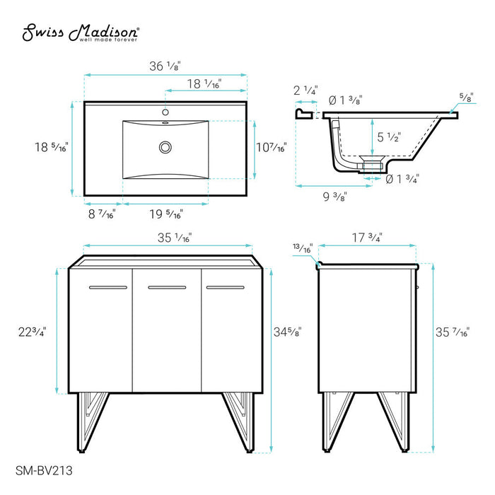 Swiss Madison Annecy 36 Single, Glossy White, Two Doors, One Drawer, Bathroom Vanity - SM-BV213