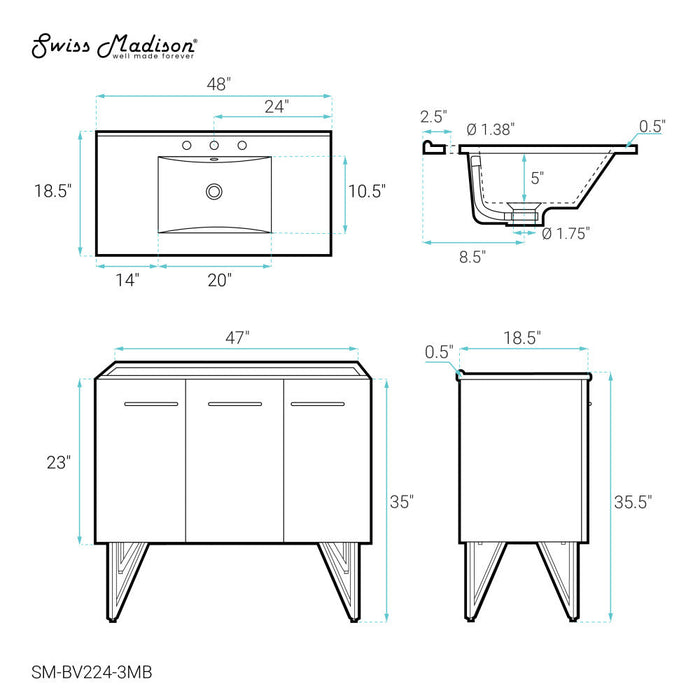 Swiss Madison Annecy 48 in. Black Walnut Bathroom Vanity With Black, 3-Hole Ceramic Sink Top - SM-BV224-3MB