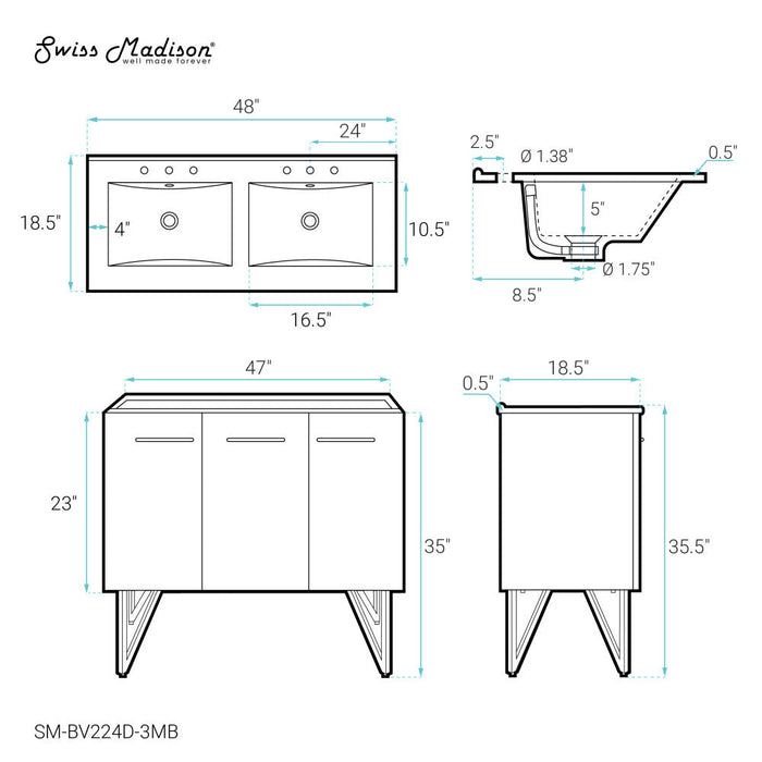 Swiss Madison Annecy 48 in. Black Walnut, Double Basin Bathroom Vanity With Black, 3-Hole Ceramic Sink Top - SM-BV224D-3MB