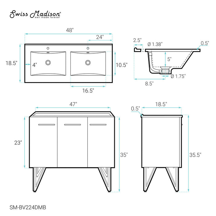 Swiss Madison Annecy 48 in. Black Walnut, Double Basin Bathroom Vanity With Black Ceramic Sink Top - SM-BV224DMB