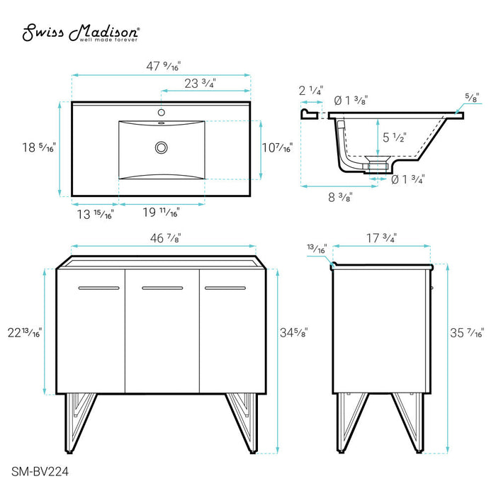 Swiss Madison Annecy 48 Single, Black Walnut, Two Doors, One Drawer, Bathroom Vanity - SM-BV224