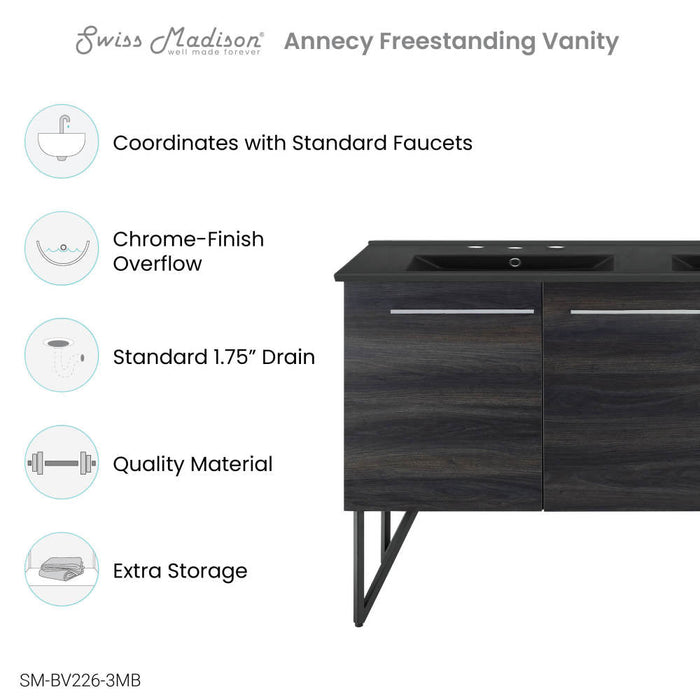 Swiss Madison Annecy 60 in. Black Walnut, Double Basin Bathroom Vanity With Black, 3-Hole Artificial Stone Sink Top - SM-BV226D-3MB