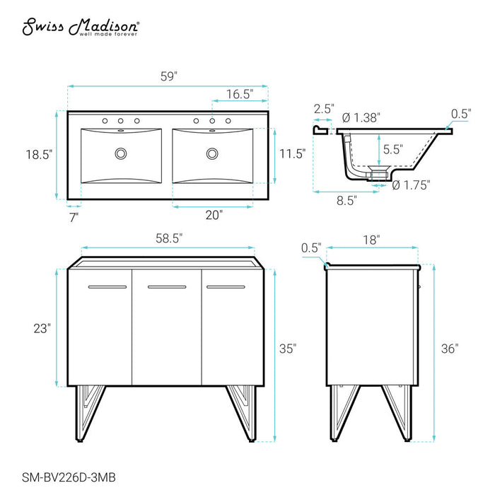 Swiss Madison Annecy 60 in. Black Walnut, Double Basin Bathroom Vanity With Black, 3-Hole Artificial Stone Sink Top - SM-BV226D-3MB