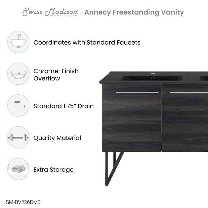 Swiss Madison Annecy 60 in. Black Walnut, Double Basin Bathroom Vanity With Black Artificial Stone Sink Top - SM-BV226DMB