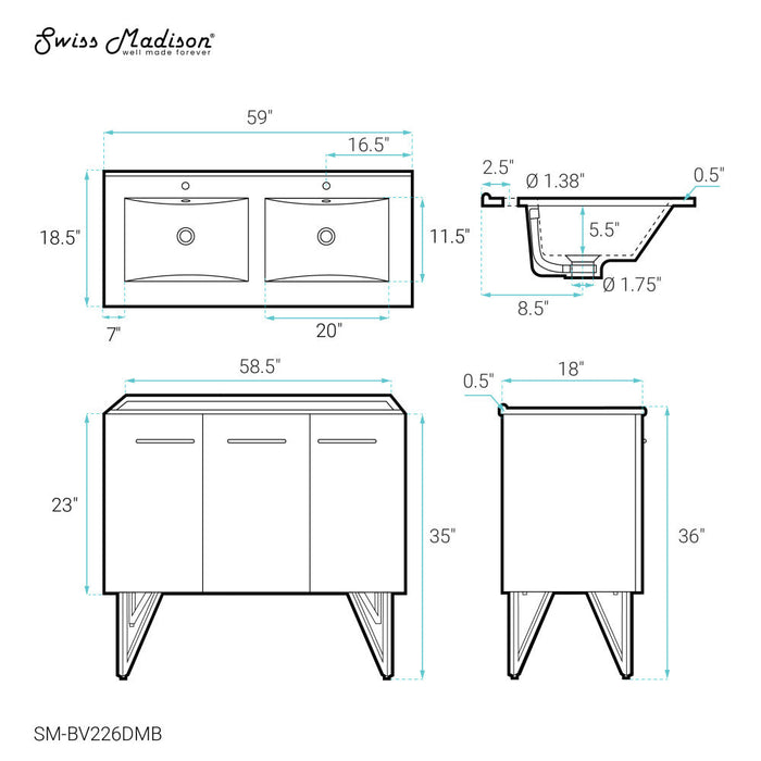 Swiss Madison Annecy 60 in. Black Walnut, Double Basin Bathroom Vanity With Black Artificial Stone Sink Top - SM-BV226DMB