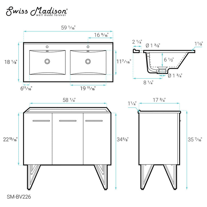 Swiss Madison Annecy 60 Double, Black Walnut, Two Doors, One Drawer, Bathroom Vanity - SM-BV226