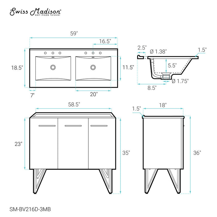 Swiss Madison Annecy 60 in. White, Double Basin Bathroom Vanity With Black, 3-Hole Artificial Stone Sink Top - SM-BV216D-3MB