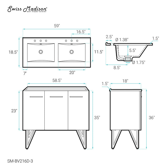 Swiss Madison Annecy 60 in. White, Double Basin Bathroom Vanity With White, 3-Hole Artificial Stone Sink Top - SM-BV216D-3