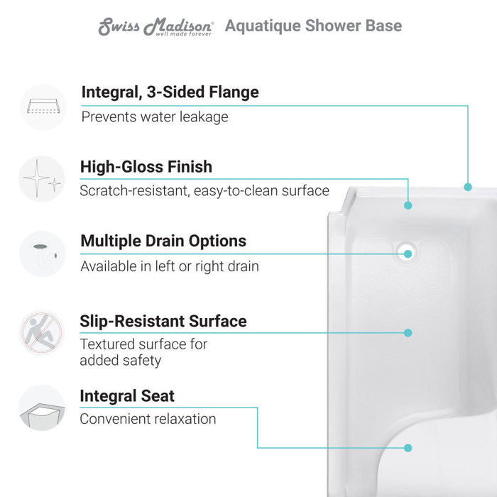 Swiss Madison Aquatique 60" x 32" Single Threshold Shower Base With Left Hand Drain and Integral Right Hand Seat in White - SM-SB537W