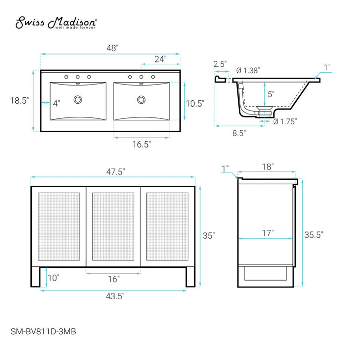 Swiss Madison Arles 48 in. Natural Oak, Double Basin Bathroom Vanity With Black, 3-Hole Ceramic Sink Top - SM-BV811D-3MB