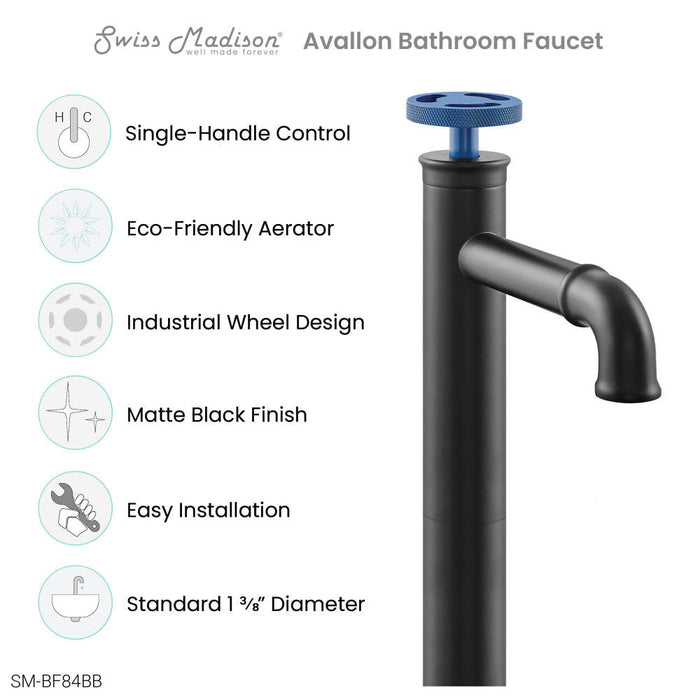 Swiss Madison Avallon Single Hole, Single-Handle Wheel, High Arc Bathroom Faucet in Matte Black with Blue Handles - SM-BF84BB