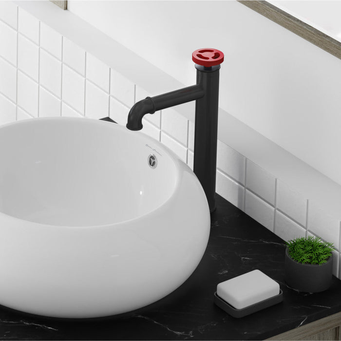 Swiss Madison Avallon Single Hole, Single-Handle Wheel, High Arc Bathroom Faucet in Matte Black with Red Handles - SM-BF84BR