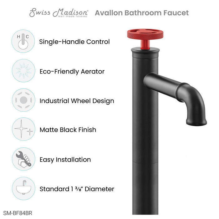 Swiss Madison Avallon Single Hole, Single-Handle Wheel, High Arc Bathroom Faucet in Matte Black with Red Handles - SM-BF84BR