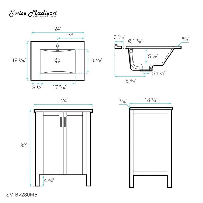 Swiss Madison Avallon 24" Bathroom Vanity in Matte Black - SM-BV280MB