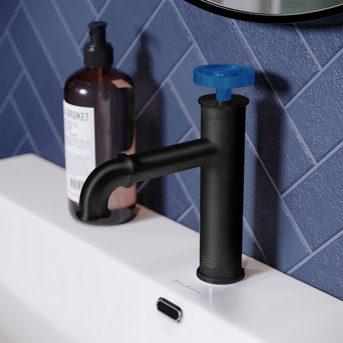 Swiss Madison Avallon Single Hole, Single-Handle Wheel, Bathroom Faucet in Matte Black with Blue Handle - SM-BF83BB