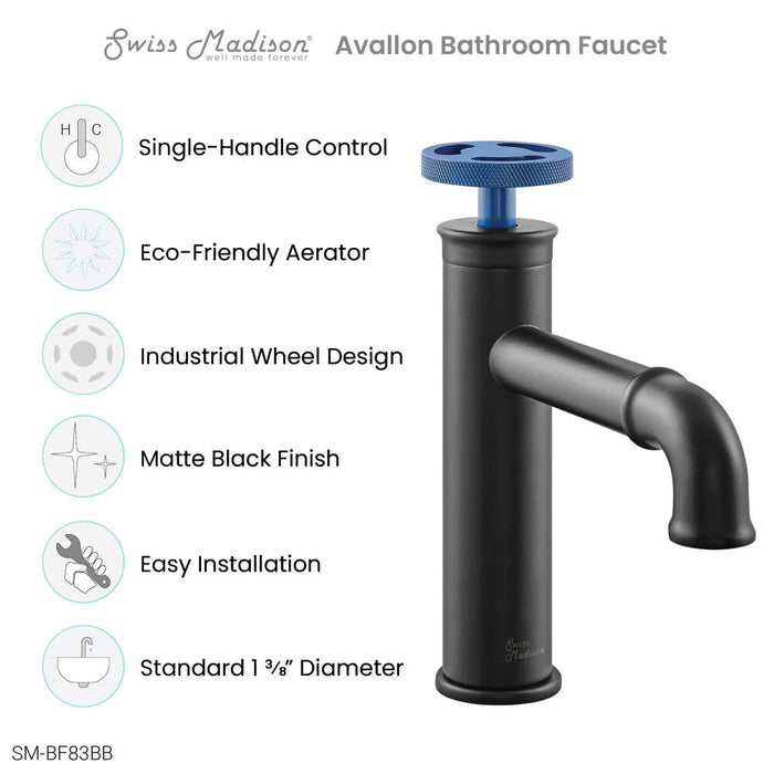 Swiss Madison Avallon Single Hole, Single-Handle Wheel, Bathroom Faucet in Matte Black with Blue Handle - SM-BF83BB