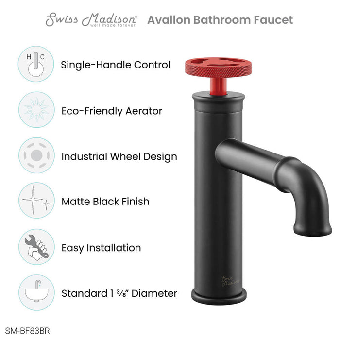 Swiss Madison Avallon Single Hole, Single-Handle, Bathroom Faucet in Matte Black with Red Handle - SM-BF83BR