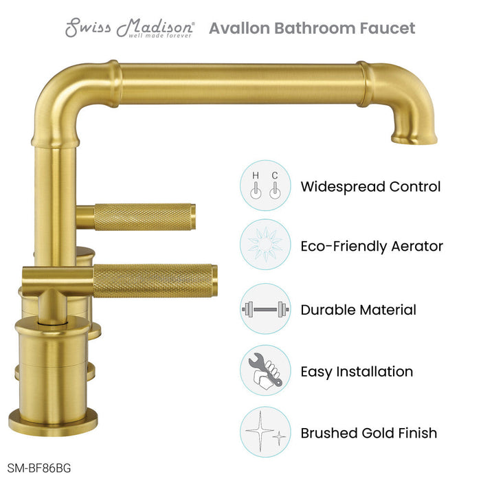 Swiss Madison Avallon 8 in. Widespread, Sleek Handle, Bathroom Faucet in Brushed Gold - SM-BF86BG