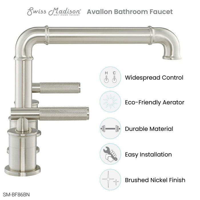 Swiss Madison Avallon 8 in. Widespread, Sleek Handle, Bathroom Faucet in Brushed Nickel - SM-BF86BN