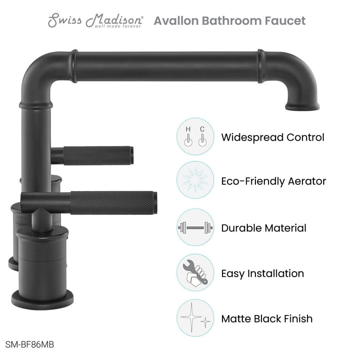 Swiss Madison Avallon 8 in. Widespread, Sleek Handle, Bathroom Faucet in Matte Black - SM-BF86MB