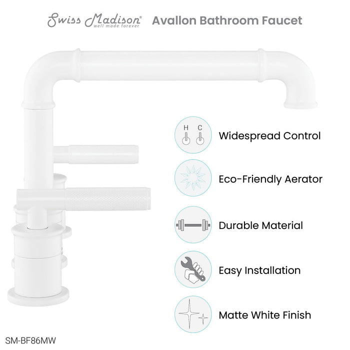 Swiss Madison Avallon 8 in. Widespread, Sleek Handle, Bathroom Faucet in Matte White - SM-BF86MW