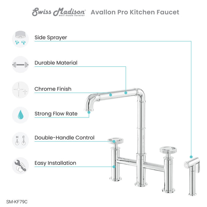 Swiss Madison Avallon Pro Widespread Kitchen Faucet with Side Sprayer in Chrome - SM-KF79C